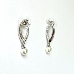 Elegant Silver Faux Pearl Drop Earrings Bridal Jewelry Gift White Stones Wedding